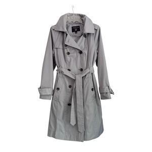 London Fog Gray Hooded Belted Double Breasted Trench Coat Medium minimal